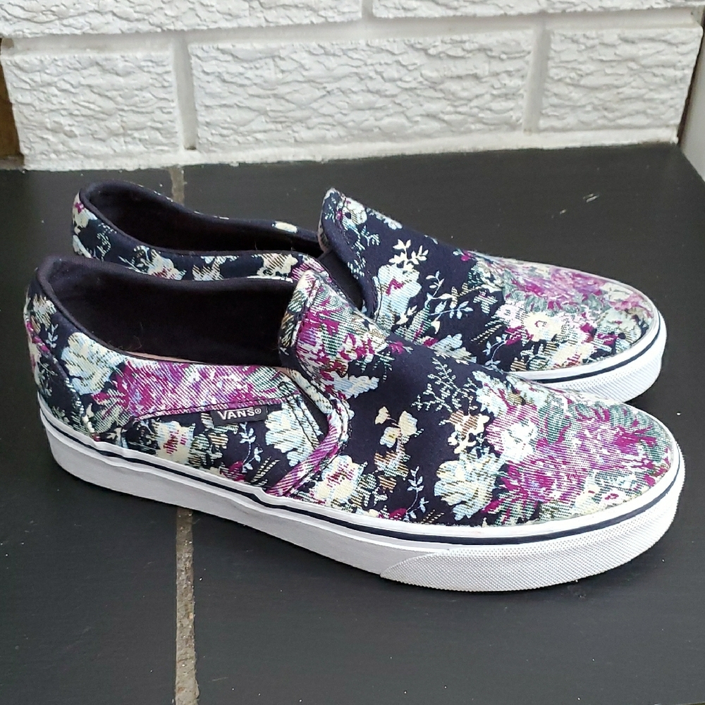 Vans Floral Slip-On Shoes - Black and Purple